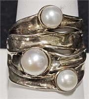 Hagit Gorali .925 Sterling & Pearls Ring Sz 9