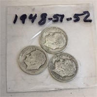 SILVER Roosevelt Dime LOT 1948 1951 & 1952