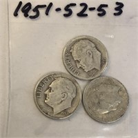 SILVER Roosevelt Dime LOT 1951 1952 & 1953