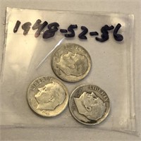 SILVER Roosevelt Dime LOT 1948 1952 & 1956