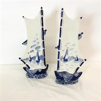 Antique Blue & White Delft Ship Mantle Vases