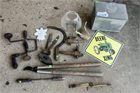 Vintage hand tools, iron, sicle, John Deer Sign ..