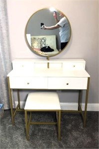 White & Gold Vanity with Mirror & Seat