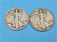 2-1939 D US Walking Liberty Half $ Silver Coins
