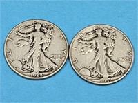 2- 1938 US Walking Liberty Half $ Silver Coins