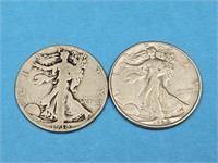 2-1938 D US Walking Liberty Half $ Silver Coins