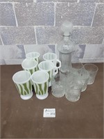 Vintage decanter set and mugs with green pattern