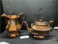 Pair of Gothic Copper Luster Pitcher, Teapot.