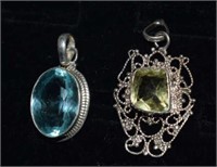 Two Sterling Silver Pendants w/ Blue and Yellow