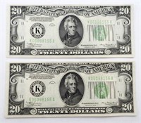 (2) 1934 $20 SILVER CERTS CONCEC #