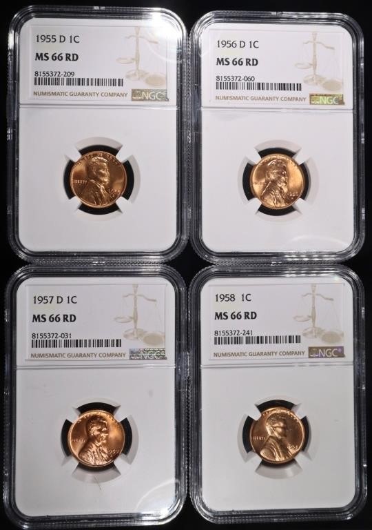 1955-D, 56-D, 57-D, 58 LINCOLN CENTS NGC MS66 RD
