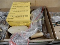 BOX OF ASSTD TOOLS AND 4 NEW HAT RETAINERS