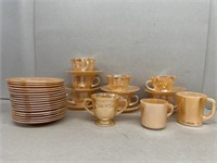 Fire king goldtone cups and saucers and sugar dish