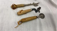 Vintage Wood Handle Can Openers & Rolling Cutter