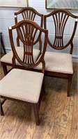3 wood dining chairs, pin tuck seat upholstery,