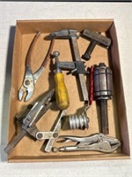Box of tools, gear, puller, vice grips, pliers, cl