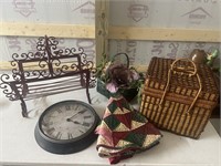 Baskets, mini quilted tree skirts, wall clock