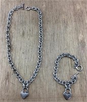 Sterling Very Heavy Heart Necklace/Bracelet Set