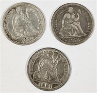 3 Seated Liberty Silver Dimes Good Dates or Grade