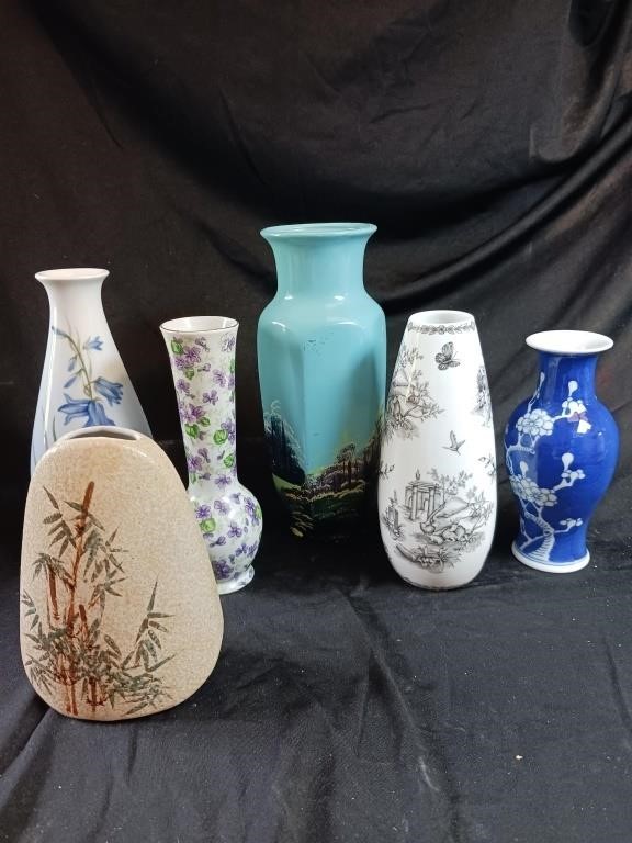 Six Asian inspired vases