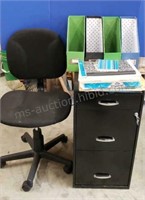 Desk chair, file cabinet, accessories