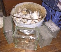 Galvanized Bucket of Seashells & 4 Glass Blocks