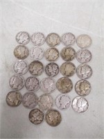 27 Vintage Silver Mercury Dimes - Dates As