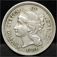 1881 Three Cent Nickel, High Grade, Nice Coin