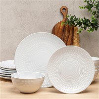 BZYOO 12pc Ceramic Dinnerware Set  Bijou White