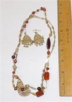 Avon Gold Filigree & Amber Beads Necklace Earrings