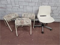 Stools and plastic white chairs