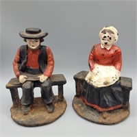 AMISH CAST IRON BOOKENDS WOMAN QUILTING MAN