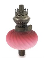 Peg Oil Lamp w Pink Peachblow Satin Swirl Glass