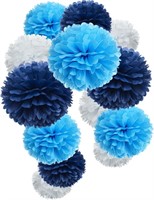 Navy & Turquoise Paper Flower Pom Poms, 12pc