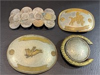 4 Cowboy Belt Buckles, Mexican Coins, Nickel
