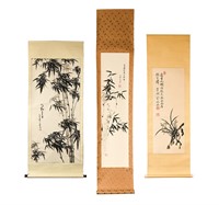 Two Asian Paintings of Bamboo and one of Orchids
