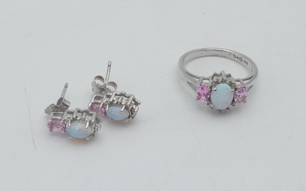 Sterling Set Ring & Earrings Lab Opal / Pink Stone