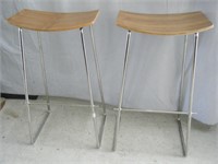 Pair minimalist solid steel & wood Barstools