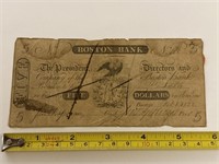 Dated 1828, Boston bank, five dollar bill/note