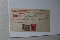 Vernon C. Brown & Co. Stock Receipt w/ Stamps