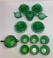 Akro Agate Green Glass Child's Tea Set & Water Set
