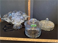 Two glass cover dishes and basket