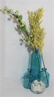 Sky Blue Vases with Floral Stems (lot of 3)