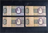 (4) $10 BRAZIL BANK NOTES BILLS Brasil Cruzeiros