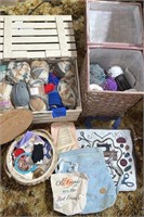 Bird wood crate w/yarn, wicker basket w/yarn,