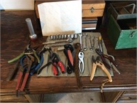 Misc group of tools , old metal tool box