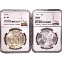 1881&1926 [2] Silver Dollars NGC MS62/65