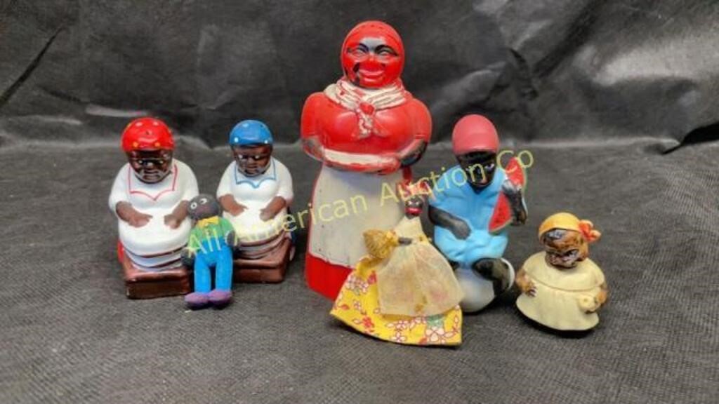 Seven black Americana items, shakers, figurines