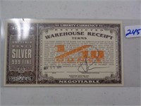 1/10 ounce Silver Receipt Non Negotiable Neat