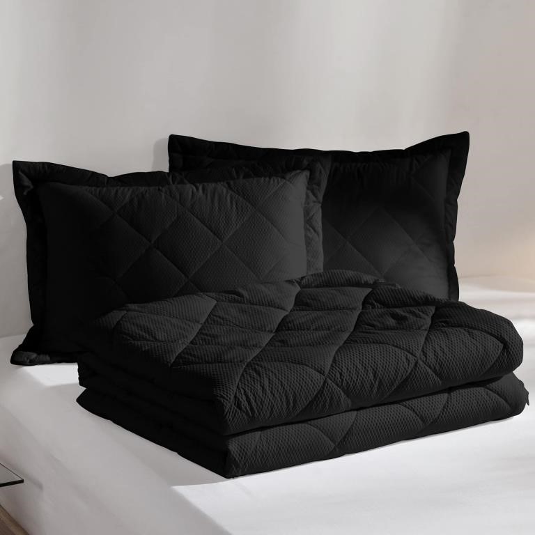 3PC Comforter Set, Black - King